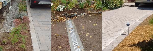 Stormwater mitigating property improvements. Photos: Salix Solutions and BLUE Permeable driveway, rain garden, and a trench drain